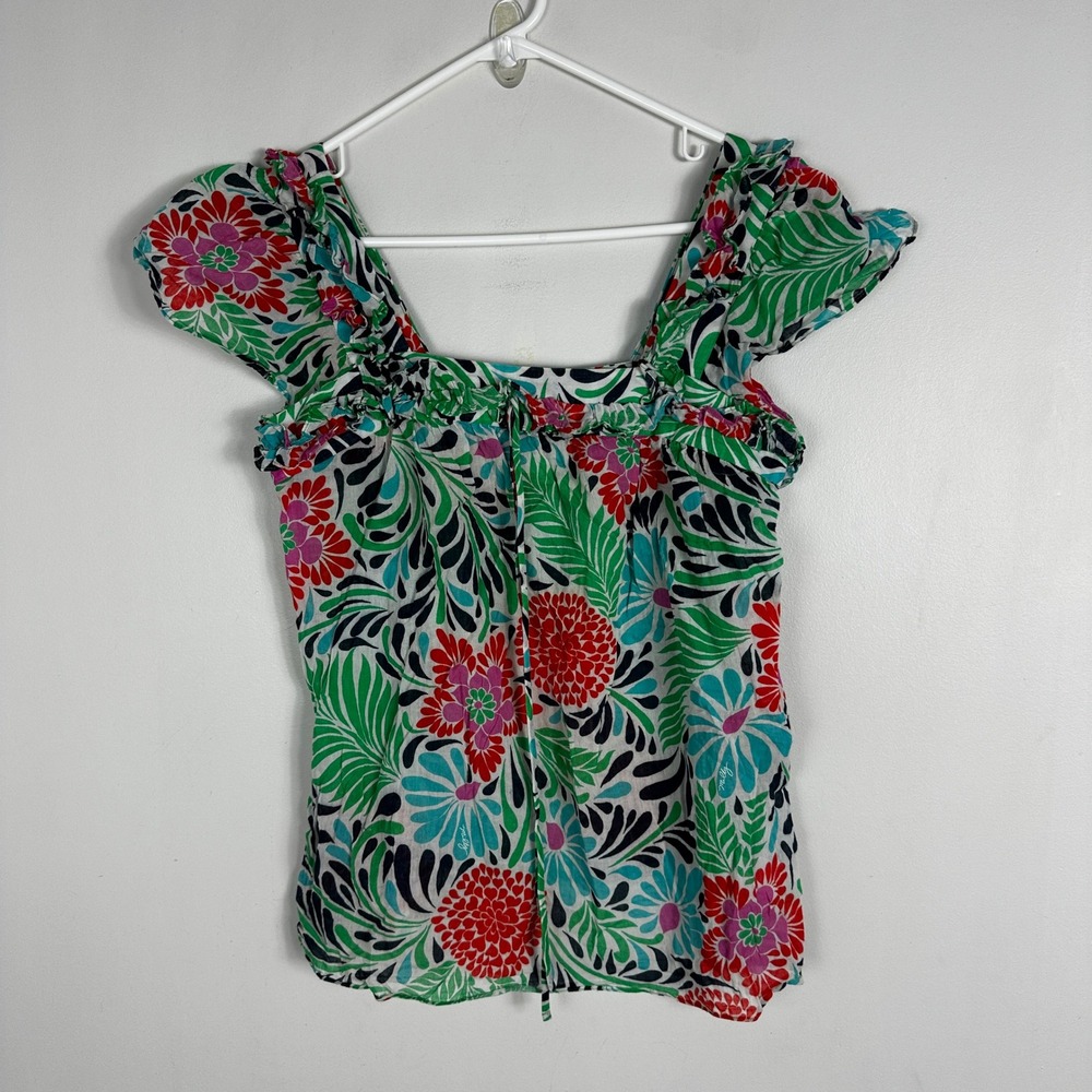 Milly New York‎ Floral Ruffle Square Neck Top Womens Size 4 USA Made Zip Y2K Tie